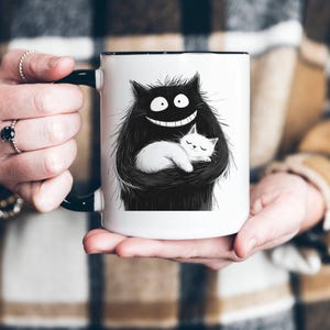 Monster and Cat Mug Silly Monster Cup Sleeping White Cat Mug Monster Cuteness Cup Cute Silly Monster Mug Funny Halloween Monster Cup Cat