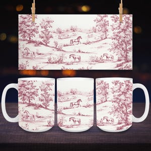 Pink Toile Ceramic Mug, Floral French Country Horses Coffee Cup, Horses Lovers, French Toile