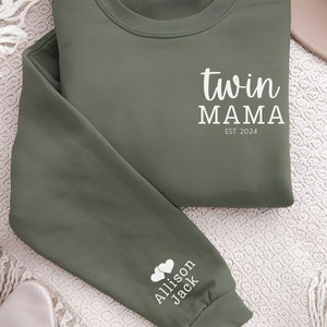 Personalized Twin Mama Sweatshirt, Twin Mom, Mother&#39;s Day Gift, Mom of Twins, Twin Pregnancy, Twin Shower Gift, Custom Twin Mom Sleeve Name