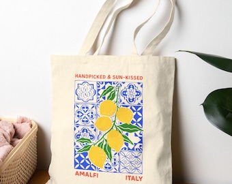 Amalfi Coast Italy Canvas Tote, Lemon Graphic Tote, Amalfi Coast Tote, Italy Vacation Canvas Tote, Reusable Shopping Farmers Market Bag