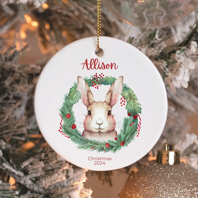 Personalized Bunny Rabbit Ornament, Ceramic Christmas Ornament, Holiday ...