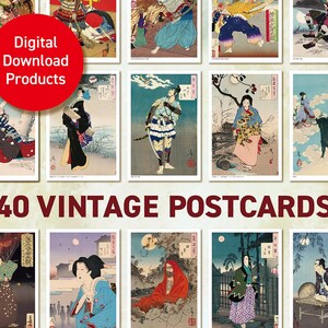 Postales japonesas antiguas / Postal de 4x6, Impresión de Yoshitoshi Tsukioka, Arte vintage japonés, Arte ukiyo-e, Material para álbumes de recortes, Arte digital