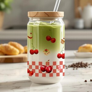 Cherries Sipper Glass, Cute Fruit 16oz Cup for Smoothies, Cocktails, and Cold Drinks - Adorable Cherry Pattern Glassware, Gift for Cherry