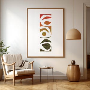 Arte murale stampabile, poster moderno, colori terracotta, verde e giallo senape, design decorativo, colori caldi, linee curve.