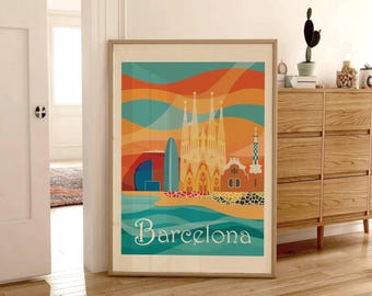 Arte de Pared de Barcelona Imprimible – Póster de Viaje Moderno en Rojo, Amarillo y Naranja, paisaje urbano, descarga imprimible.