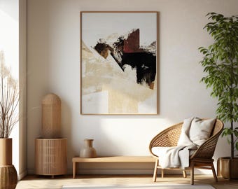 Arte mural abstracto, arte minimalista, diseño moderno, negro marrón y beige, formas orgánicas, arte moderno, tonos cálidos, descargable.