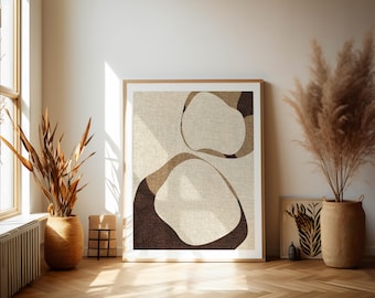 Arte mural abstracto, arte minimalista, diseño moderno, colores beige y marrón, colores tierra, líneas curvas, arte moderno, tonos cálidos.
