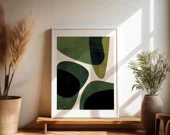 Lámina de Arte abstracto imprimible, minimalista, tonos verdes y beige claro, arte mural, póster moderno, líneas curvas.