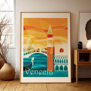 Póster Venecia, lámina imprimible de Venecia, arte de pared, descarga imprimible, rojo amarillo y naranja, diseño moderno, cartel Venecia.