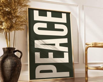 PEACE póster imprimible, gris y blanco, tipografía, arte de pared, impresión de arte tipográfico, cartel digital minimalista retro