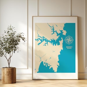 Carte de Sydney, Australie. Carte décorative, carte côtière imprimable, décor nautique, cadeau familial unique, calypso et beige.