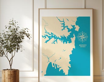 Mapa de Sidney, Australia. Mapa decorativo, lámina imprimible de mapa costero, decoración náutica, regalo familiar único, calipso y beis.