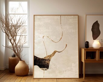 Arte mural abstracto, imprimible minimalista y moderno, diseño moderno, marrón y beige, formas orgánicas, tonos cálidos, descargable.