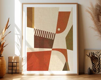 Arte de pared imprimible minimalista moderno colores rojo y beis, diseño moderno, colores rojo y marrón cálido, líneas curvas y rectas.