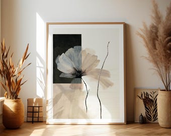 Arte de Pared Floral para Imprimir – Póster Botánico Minimalista en Negro, Blanco y Beige.