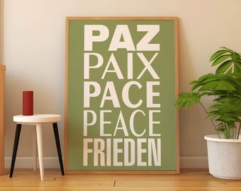 PAZ póster moderno, verde y blanco, tipografía imprimible arte de pared, impresión de arte tipográfico, cartel digital minimalista retro