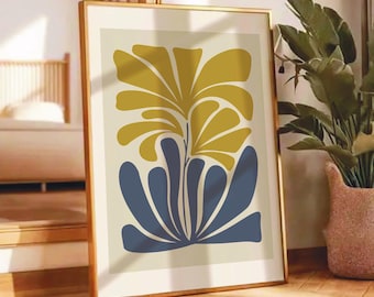 Póster floral ocre beis y gris, arte mural imprimible, lámina botánica, arte minimalista, diseño estético, color verde, arte moderno.