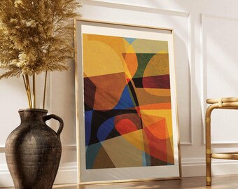 Arte mural imprimible, lámina minimalista, color ocre amarillo rojo y azul, póster moderno y decorativo, arte abstracto, líneas curvas.