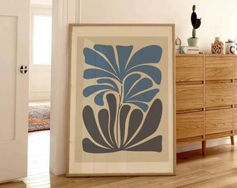 Póster floral azul beis y gris, arte mural imprimible, lámina botánica, arte minimalista, diseño estético, color verde, arte moderno.