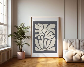 Póster floral beis y gris, arte mural imprimible, lámina botánica, arte abstracto minimalista, diseño estético, color beige, arte moderno.