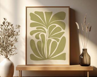 Póster floral beis y verde, arte mural imprimible, lámina botánica, arte abstracto minimalista, diseño estético, color beige, arte moderno.