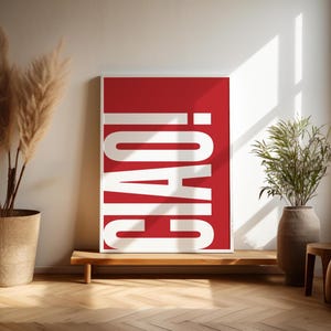 CIAO póster moderno, rojo y blanco, tipografía imprimible arte de pared, impresión de arte tipográfico, cartel digital minimalista retro