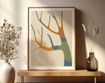 Póster árbol, arte botánico, diseño moderno, colores beige, azul, verde, líneas curvas, arte moderno minimalista, tonos tierra cálidos.