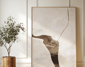 Arte mural abstracto, imprimible minimalista y moderno, diseño moderno, marrón y beige, formas orgánicas, tonos cálidos, descargable.