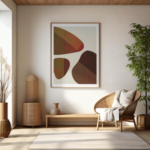 Arte de pared, cartel imprimible, póster moderno, colores terracota, rojo oscuro y beige, diseño decorativo, colores cálidos, líneas curvas.