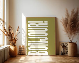 BONJOUR póster moderno, verde y blanco, tipografía imprimible arte de pared, impresión de arte tipográfico, cartel digital minimalista retro