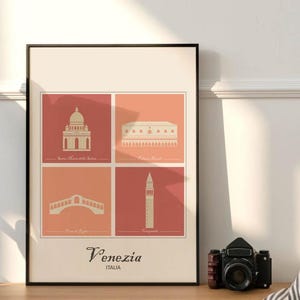 Póster Venecia, lámina imprimible de Venecia, arte de pared, descarga imprimible, rojo y rosado, diseño moderno, cartel Venecia.
