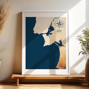 Carte de Lisbonne, Portugal. Carte côtière imprimable, décoration nautique, impression Lisbonne, cadeau familial unique, bleu marine