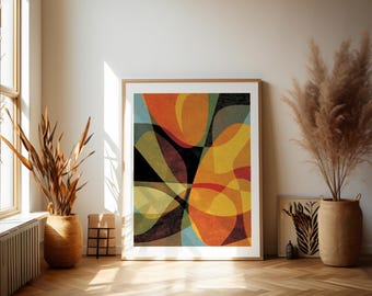 Póster colores imprimible, lámina minimalista, ocre amarillo rojo y azul, póster moderno y decorativo, arte abstracto, líneas curvas.