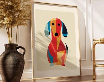 Póster perro salchicha, arte mural, descarga imprimible, rojo azul y naranja, diseño perros. Regalo para amigo de los perros. Perro color.