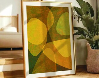 Arte mural imprimible, lámina minimalista, color ocre amarillo y marrón, póster moderno y decorativo, arte abstracto, líneas curvas.