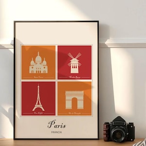 Póster Paris, Torre Eiffel, lámina imprimible, arte de pared, descarga imprimible, rojo y naranja, diseño moderno, cartel Paris.