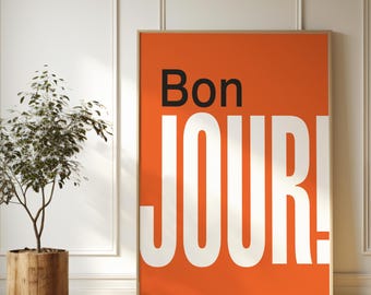 Póster Tipográfico Bonjour – Arte de Pared Minimalista en Rojo y Blanco para Imprimir - saludo francés.