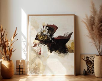 Arte mural abstracto, póster minimalista, diseño moderno, negro marrón y beige, formas orgánicas, arte moderno, tonos cálidos, descargable.