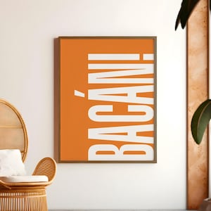 BACÁN póster moderno, naranja y blanco, tipografía imprimible arte de pared, impresión de arte tipográfico, cartel digital minimalista retro