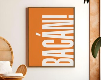 BACÁN póster moderno, naranja y blanco, tipografía imprimible arte de pared, impresión de arte tipográfico, cartel digital minimalista retro