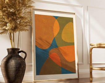 Arte mural imprimible, lámina minimalista, color ocre amarillo rojo y azul, póster moderno y decorativo, arte abstracto, líneas curvas.