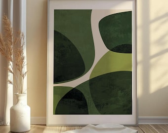 Lámina de Arte abstracto imprimible, minimalista, tonos verdes y beige claro, arte mural, póster moderno, líneas curvas.
