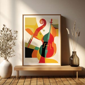 Regalo para músico, póster jazz, arte de pared, cartel imprimible, rojo, verde y naranja, diseño moderno, póster contrabajo, contrabajista.