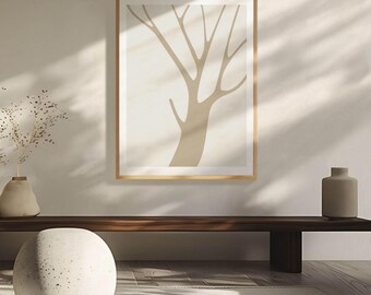 Póster árbol, arte botánico, diseño moderno, colores beige, colores tierra, líneas curvas, arte moderno minimalista, tonos cálidos.