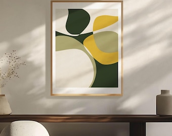 Lámina minimalista, color amarillo, verde y marrón beige claro, arte mural imprimible, póster moderno, verde marrón y ocre, líneas curvas.
