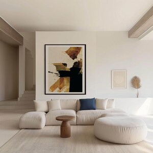 Arte mural abstracto, arte minimalista, diseño moderno, negro marrón y beige, formas orgánicas, arte moderno, tonos cálidos, descargable.