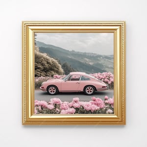 Pósteres verticales mate de coches antiguos, arte de pared con peonías rosas, decoración del hogar shabby chic, impresión de coches retro, póster rosa pastel, decoración de dormitorio
