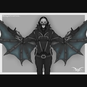 May include: Illustration of a figure in a black outfit with bat-like wings. The figure wears a mask and has a belt buckle. The wings are a dark blue color with a skeletal design. The background is a light gray.