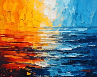 Abstract Zee Schilderij | Kleurrijke Zonsondergang en Oceaan in Blauw en Oranje | Textuur Rijk Kunstwerk op Canvas | Moderne Muurdecoratie