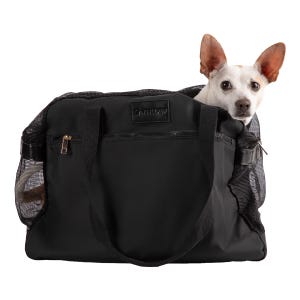 May include: Black pet carrier bag with a small white and brown dog peeking out. The bag has a zippered pocket, mesh side panels, and a handle. The brand name "MY NOBLE PUP" is visible on the front of the bag.